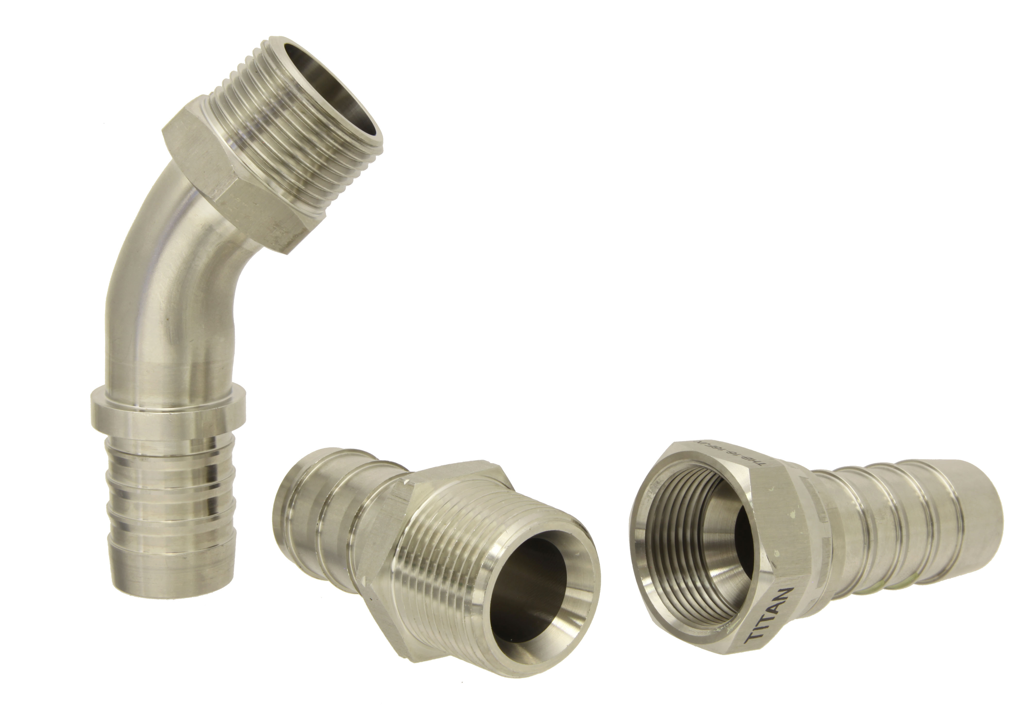 Photo showing Titan Hose Barb Fittings on white background